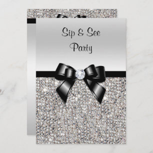Sip & See Party Silver Sequins Black Bow Invitation