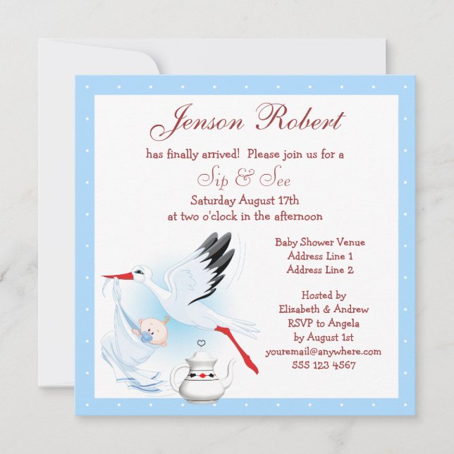 Sip & See Stork Delivering Baby Blue Baby Shower Invitation (Front)