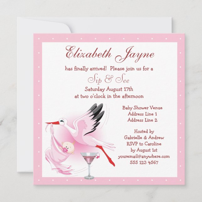 Sip & See Stork Delivering Baby Pink Baby Shower Invitation (Front)