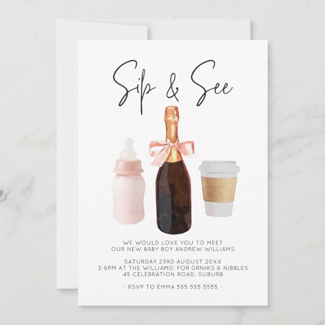 Sip & See Watercolor Champagne Coffee Pink  Invitation (Front)