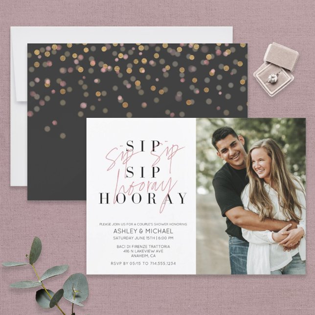 Sip Sip Hooray Black White Photo Couple's Shower Invitation (Creator Uploaded)