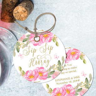 Sip Sip Hooray Blush Pink Gold Watercolor Floral Favour Tags