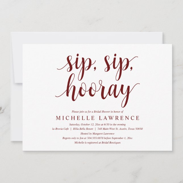 Sip, Sip, Hooray, Bridal Shower Celebration Invita Invitation (Front)