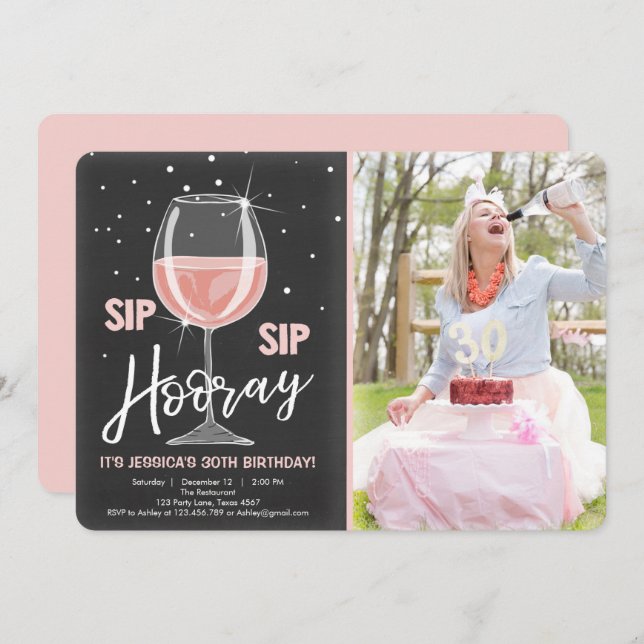 Sip Sip Hooray Chalkboard Rustic Adult Birthday Invitation (Front/Back)
