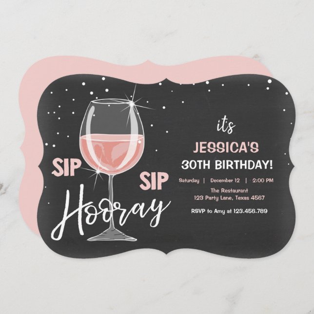 Sip Sip Hooray Chalkboard Wine Adult Birthday Invitation (Front/Back)