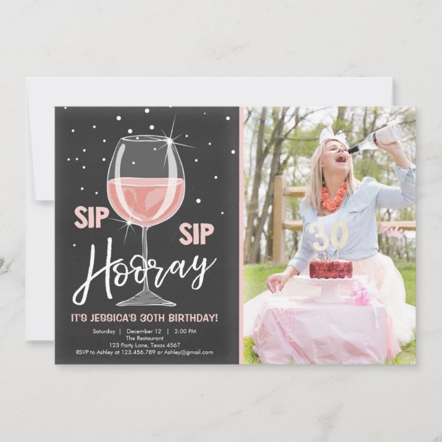 Sip Sip Hooray Chalkboard Wine Adult Birthday Invitation (Front)