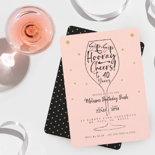 Sip, Sip Hooray Cheers Black & Pink Wine Birthday Invitation