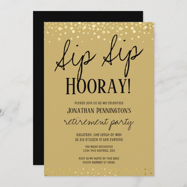 Sip Sip Hooray Elegant Gold Retirement Party Invit Invitation (Front/Back)