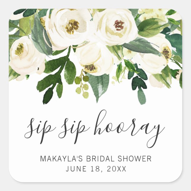 Sip Sip Hooray Elegant White Floral Bridal Shower Square Sticker (Front)