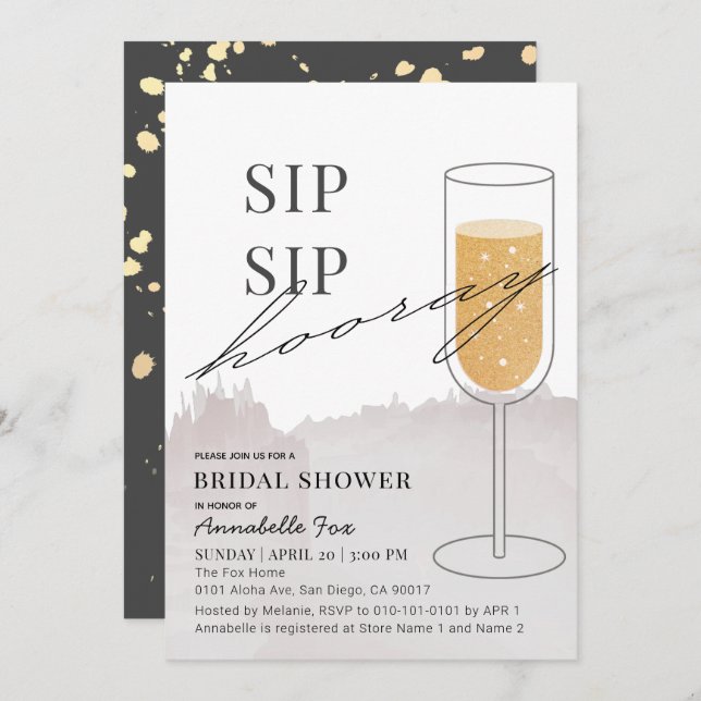 Sip Sip Hooray Gold Champagne Grey Bridal Shower Invitation (Front/Back)