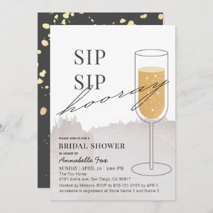 Sip Sip Hooray Gold Champagne Grey Bridal Shower Invitation