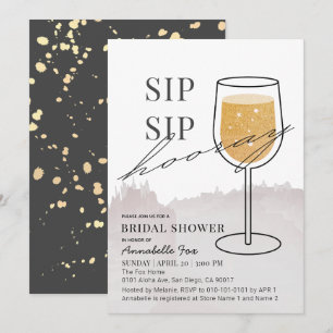 Sip Sip Hooray Gold Wine Glass Grey Bridal Shower Invitation