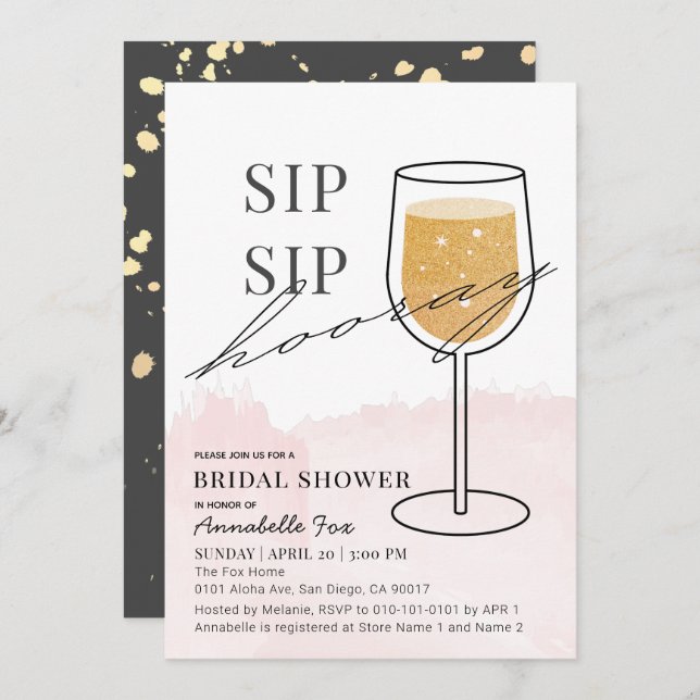 Sip Sip Hooray Gold Wine Glass Pink Bridal Shower Invitation (Front/Back)