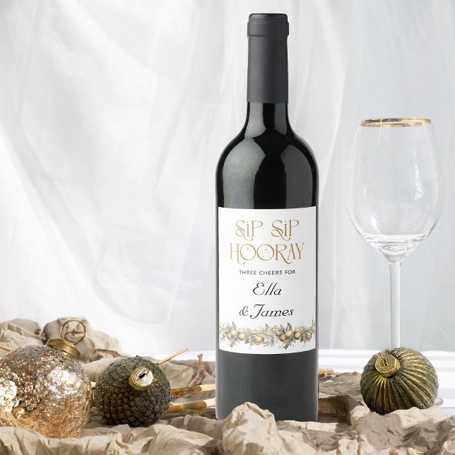 Sip Sip Hooray Holly Garland Christmas Wedding Wine Label (Wedding Wine Bottle Labels from the Holly Bells Wedding Collection by Darling and May)