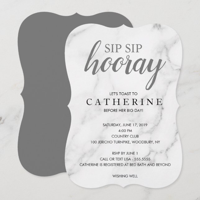 Sip Sip Hooray Marble, Black & White Bridal Shower Invitation (Front/Back)