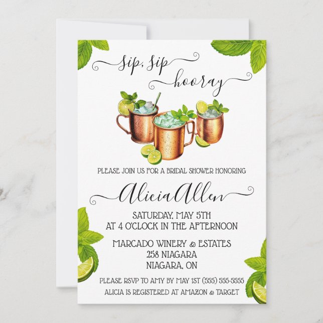 Sip, Sip, Hooray! Moscow Mule themed Bridal Shower Invitation (Front)