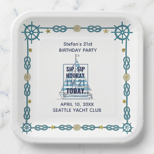 Sip Sip Hooray Nautical 21st Birthday  Paper Plate