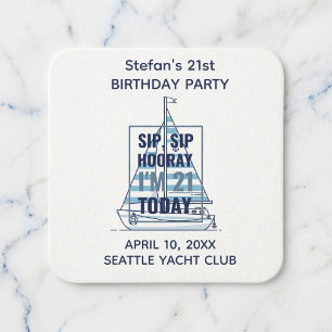 Sip Sip Hooray Personalised 21st Birthday Nautical Square Paper Coaster