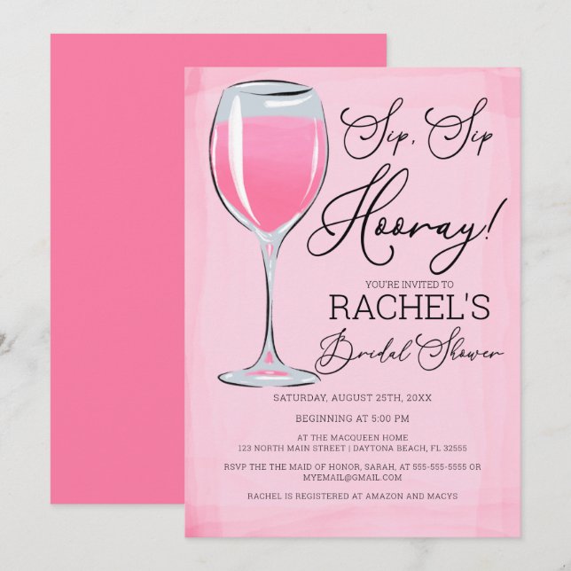 Sip Sip Hooray Pink Wine Bridal Shower Invitation (Front/Back)