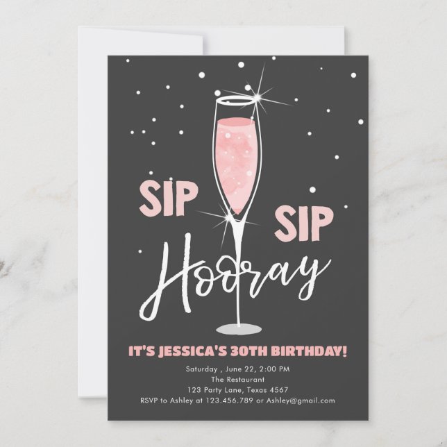 Sip Sip Hooray Rose Wine Surprise Pink Birthday Invitation (Front)