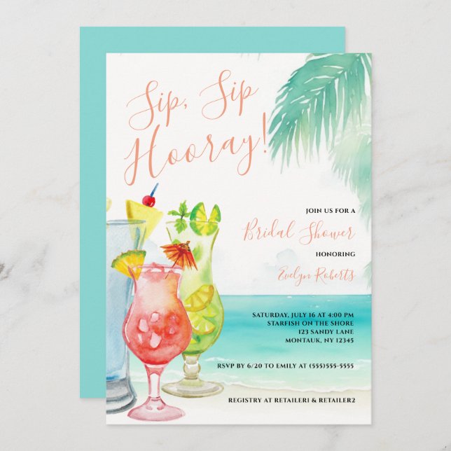 Sip Sip Hooray Tropical Cocktails Bridal Shower Invitation (Front/Back)