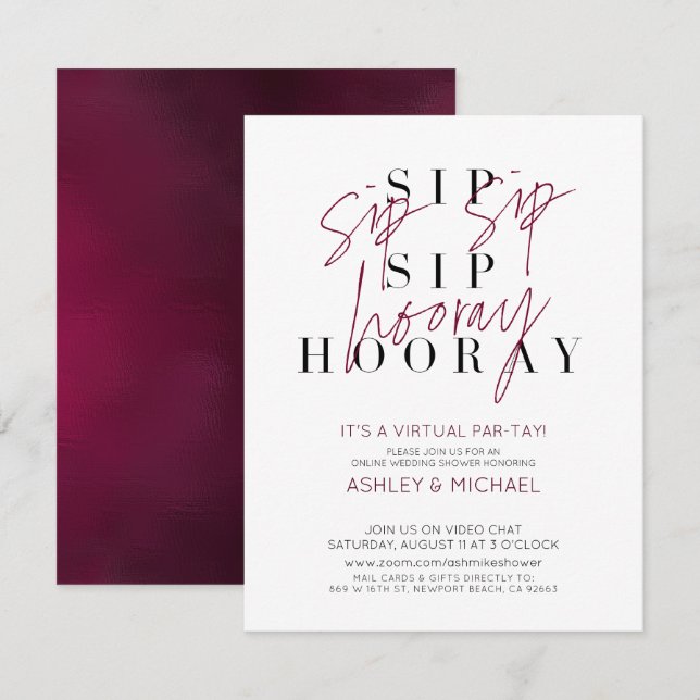 Sip Sip Hooray Virtual Wine Wedding Shower Party Invitation (Front/Back)