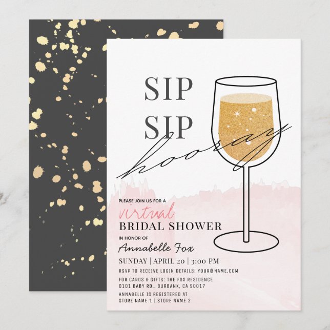 Sip Sip Hooray Wine Glass Virtual Bridal Shower Invitation (Front/Back)