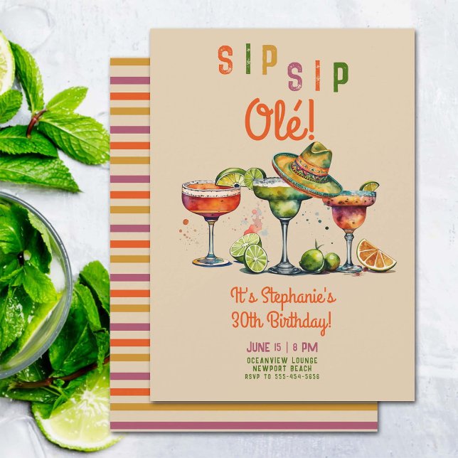 Sip Sip Margarita Colourful Fiesta 30th Birthday Invitation (fiesta party 30th birthday invitation women colorful margarita cocktails watercolor elegant classy )