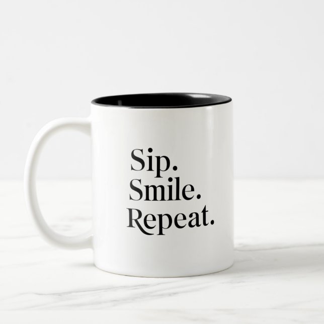 "Sip, Smile, Repeat" Two-Tone Coffee Mug (Left)