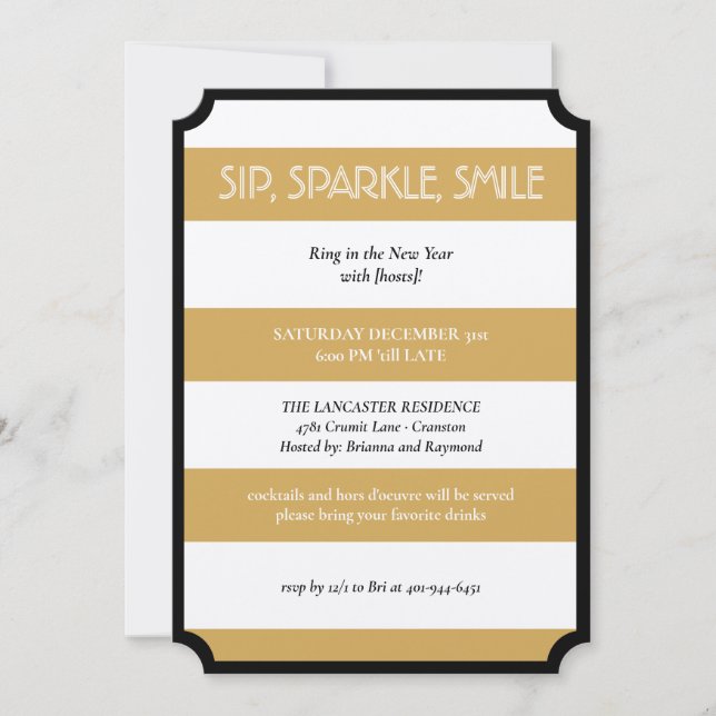 Sip Sparkle Smile Gold Black Modern New Year Party Invitation (Front)
