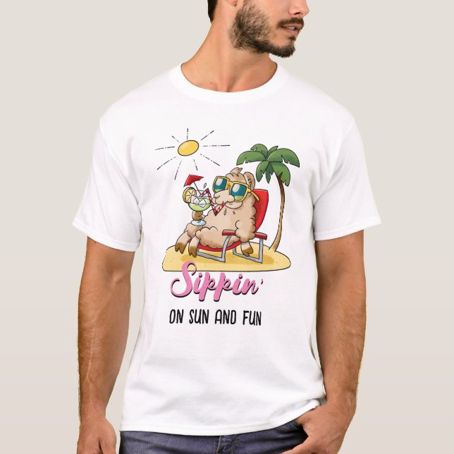 Sippin' On Sun And Fun - Funny Llama Cartoon T-Shirt (Front)