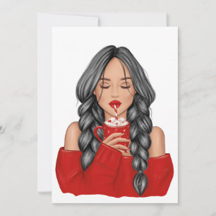 Sipping Hot Chocoatolate in Winter in Red Sweater  Holiday Card