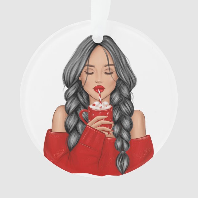 Sipping Hot Chocoatolate in Winter in Red Sweater Ornament (Front)