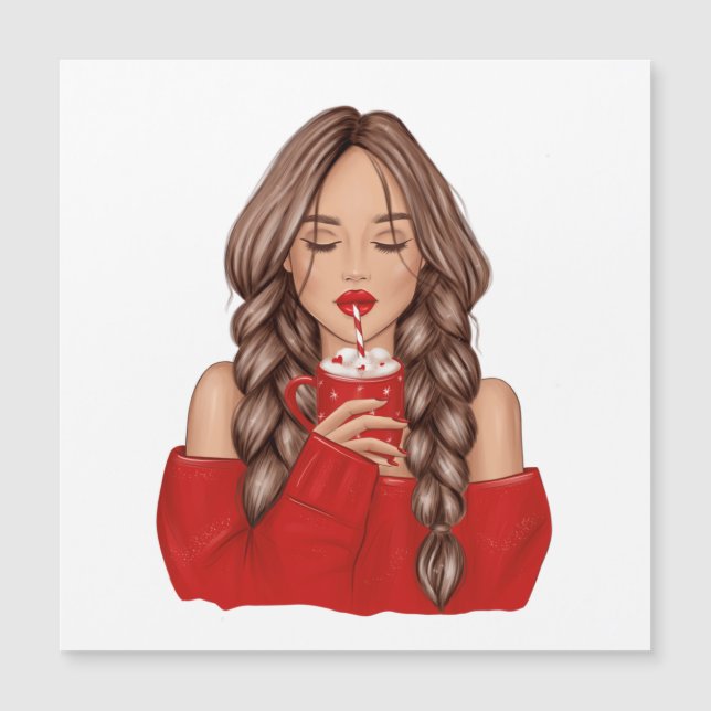 Sipping Hot Chocolate in Winter in Red Sweater (Front)