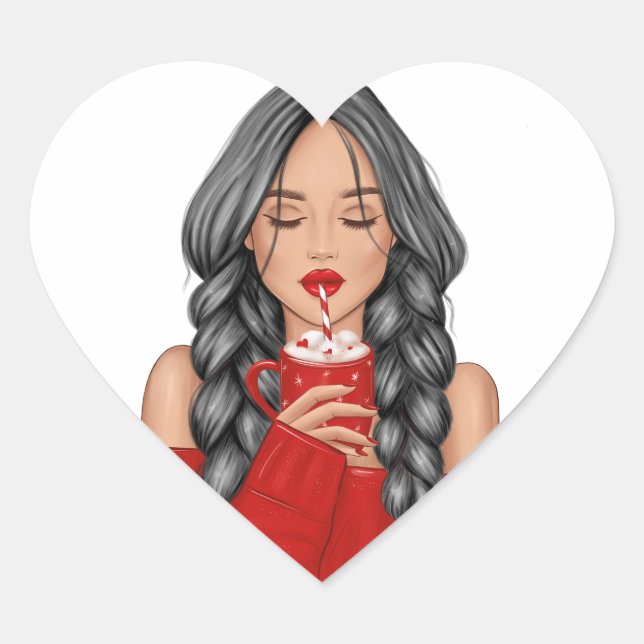 Sipping Hot Chocolate in Winter in Red Sweater  Gi Heart Sticker (Front)