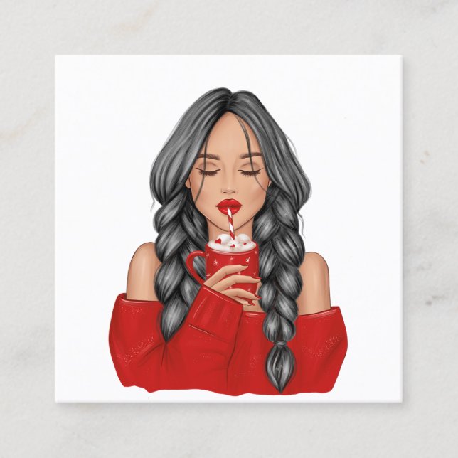 Sipping Hot Chocolate in Winter in Red Sweater  Gi Square Business Card (Front)