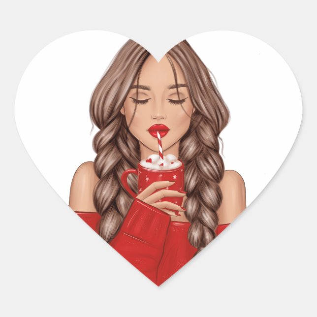 Sipping Hot Chocolate in Winter in Red Sweater Gif Heart Sticker (Front)