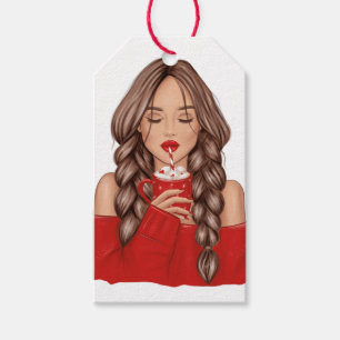 Sipping Hot Chocolate in Winter in Red Sweater Gift Tags