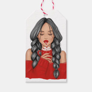Sipping Hot Chocolate in Winter in Red Sweater Gift Tags