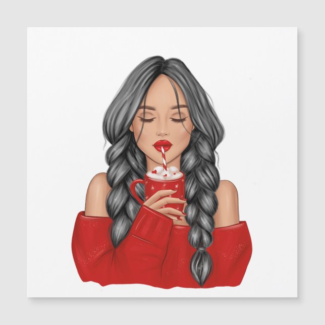 Sipping Hot Chocolate in Winter in Red Sweater Hol (Front)