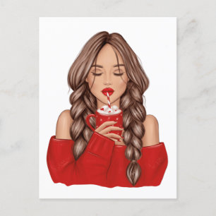 Sipping Hot Chocolate in Winter in Red Sweater Hol Holiday Postcard