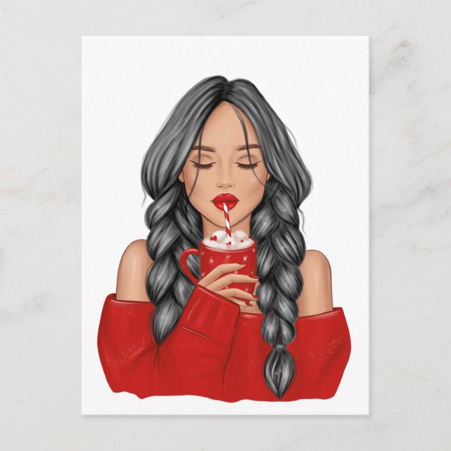 Sipping Hot Chocolate in Winter in Red Sweater Holiday Postcard (Front)