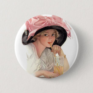 Sipping Soda Girl in Hat 6 Cm Round Badge