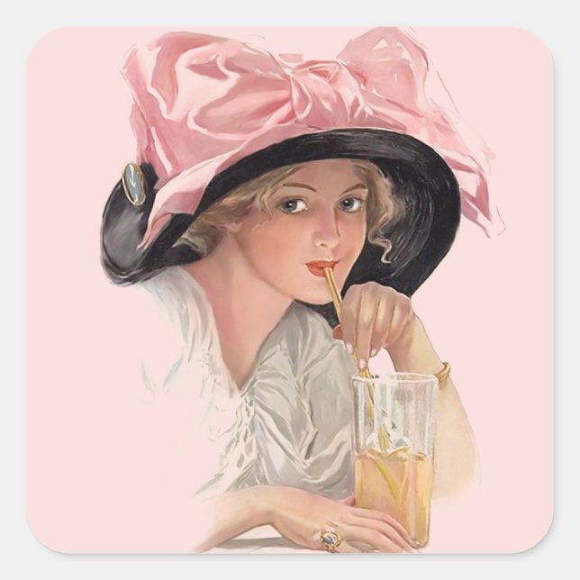 Sipping Soda Girl in Hat Square Sticker (Front)