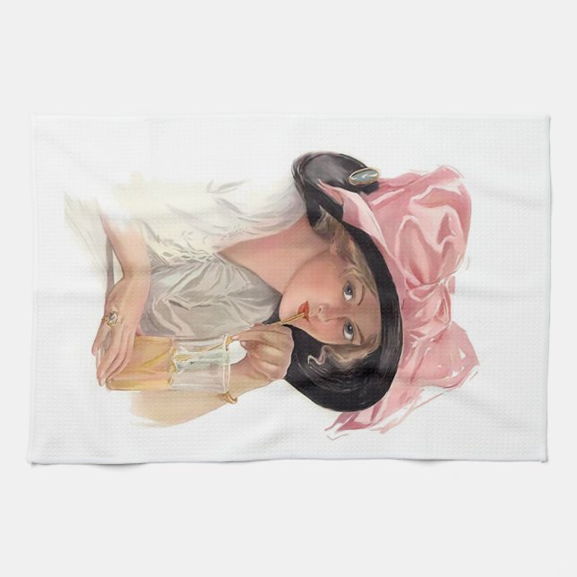 Sipping Soda Girl in Hat Tea Towel (Horizontal)