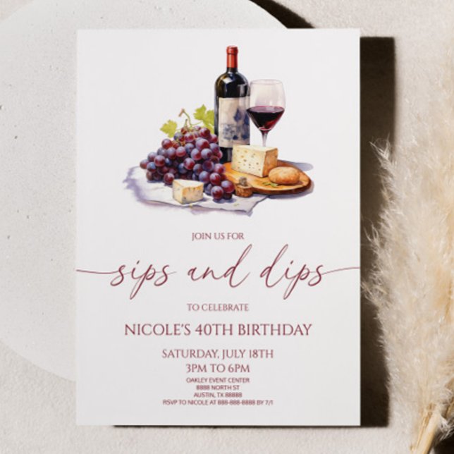 Sips and Dips Red Wine and Cheese Birthday Party Invitation (Creator Uploaded)