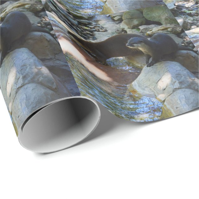 **"Sips by the Stream: Otters Drinking from River  Wrapping Paper (Roll Corner)