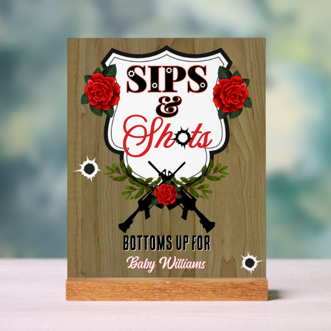 Sips & Shots Guns or Roses Gender Reveal Acrylic Sign (Neutral)
