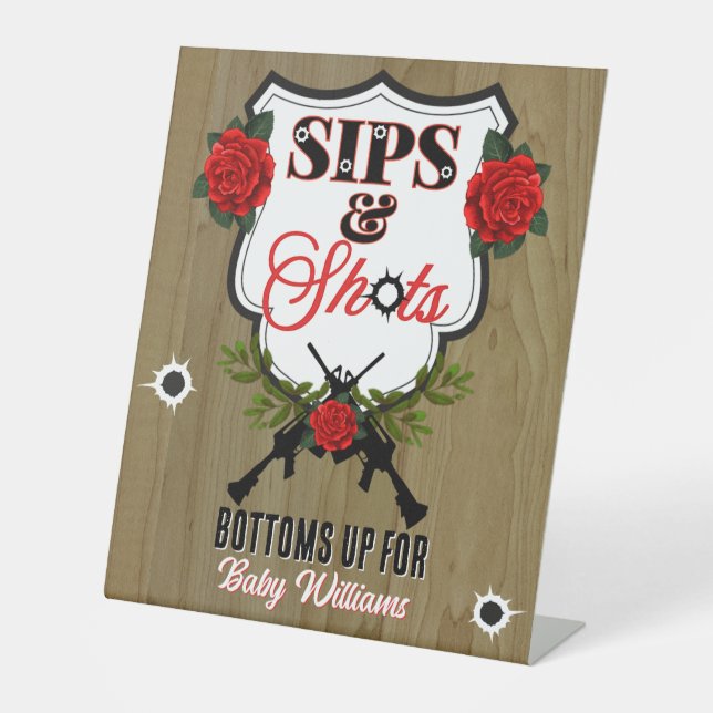 Sips & Shots Guns or Roses Gender Reveal Pedestal Sign (Front)