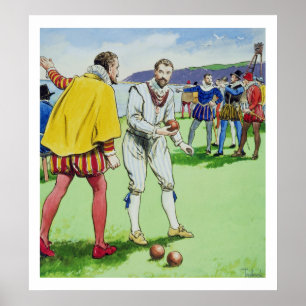 Sir Francis Drake (1540/3-96) playing bowls, from Poster